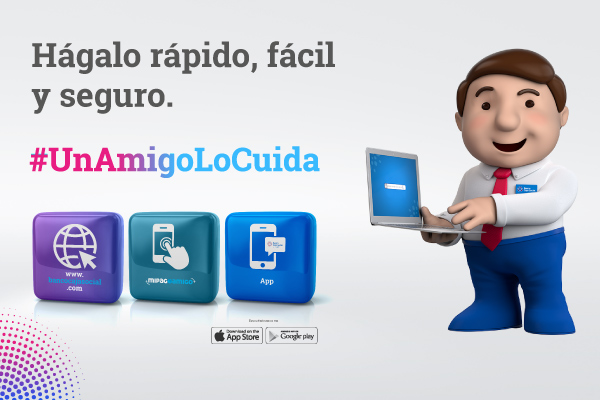El buen vecino tiene un computador en sus manos representando los canales con que cuenta el banco para sus clientes
